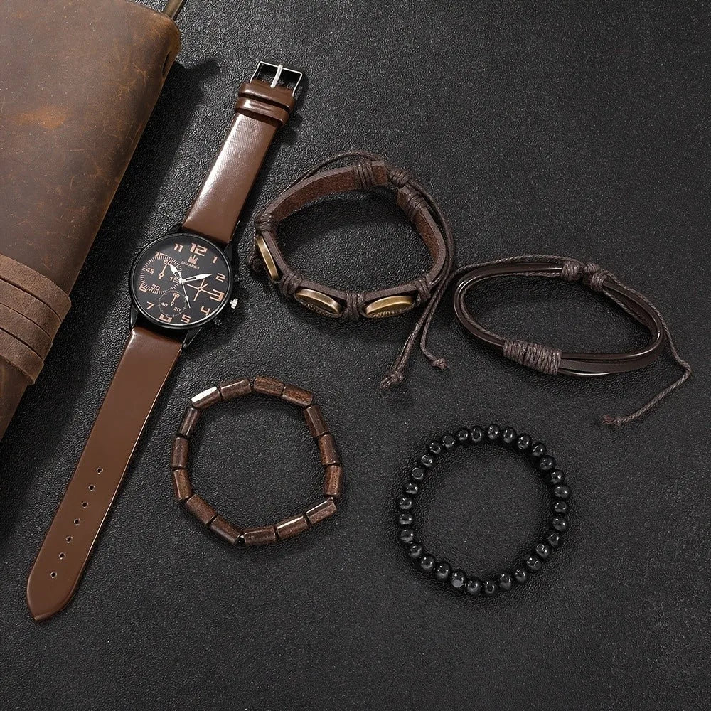 5 pcs Men's Quartz Watch Set – Round Dial Leather Strap Bracelet