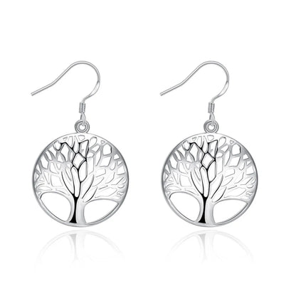 925 Sterling Silver Hollow Round Tree Drop Earrings