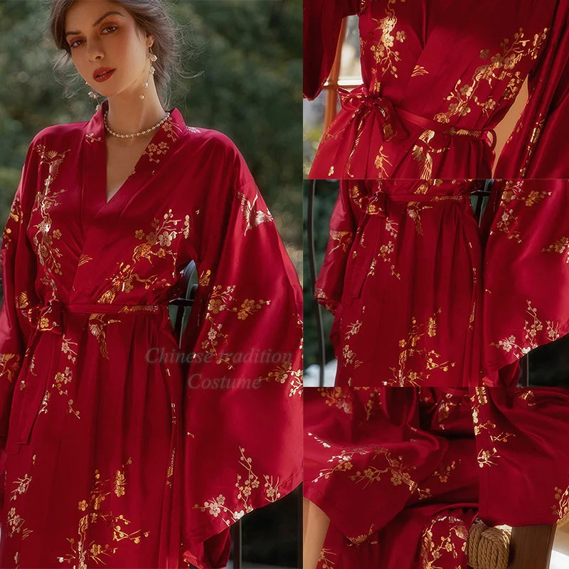 Luxury Burgundy Kimono Robe - Elegant Satin