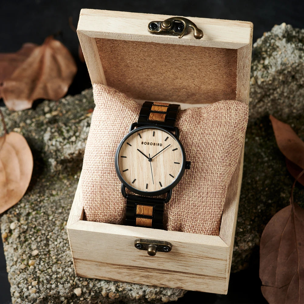 BOBO BIRD Men's Engraved Wooden Watch – Customizable Gift with Box