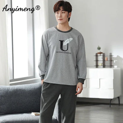 Deer Print Men's Pajamas - Soft Cotton Autumn Winter Loungewear