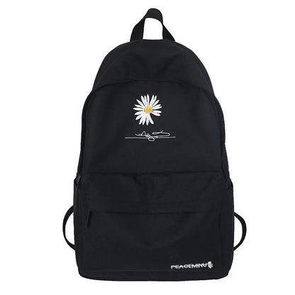 Large Black Nylon Backpack with Cute Flower Print