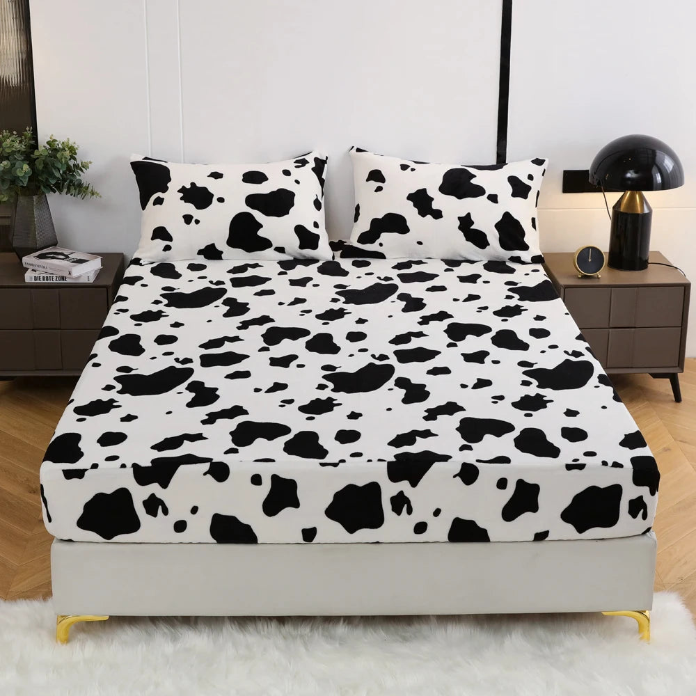 Cow Pattern Milk Velvet Flannel Fitted Sheet | Soft Elastic Mattress Cover