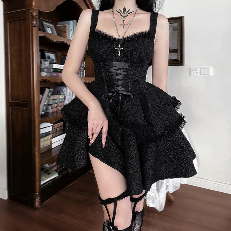 Women's Gothic Jacquard Double Hem Lace Dress Halloween Costume