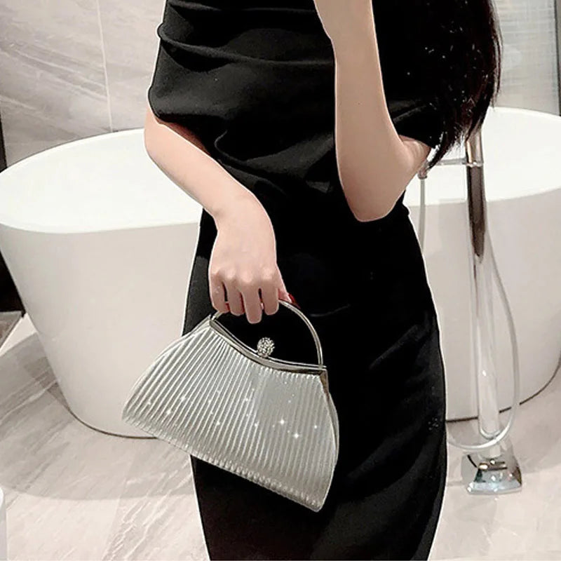 Pleated Evening Handbag - Glitter Top Handle Clutch for Women