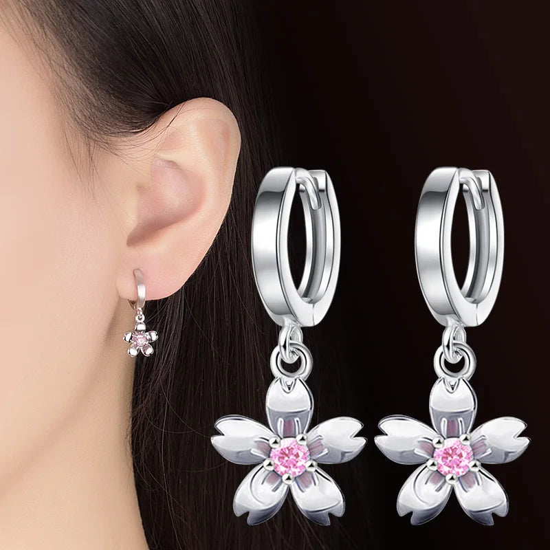 Solid 925 Sterling Silver Crystal Zircon Flower Drop Earrings