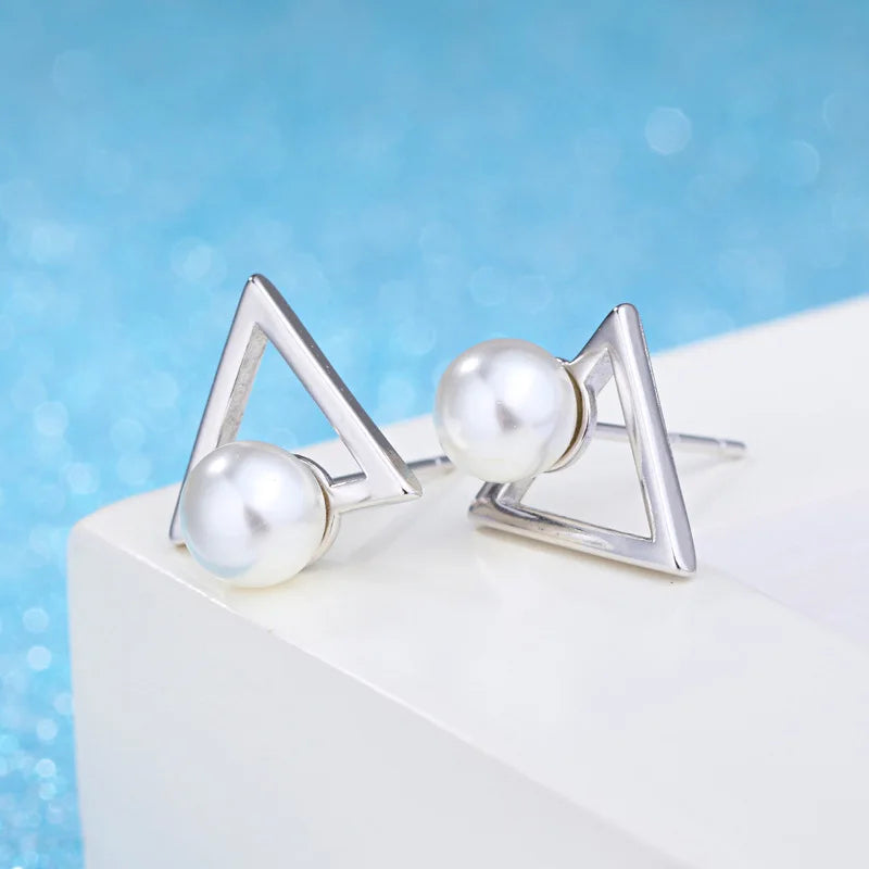 925 Sterling Silver Triangle Pearl Stud Earrings