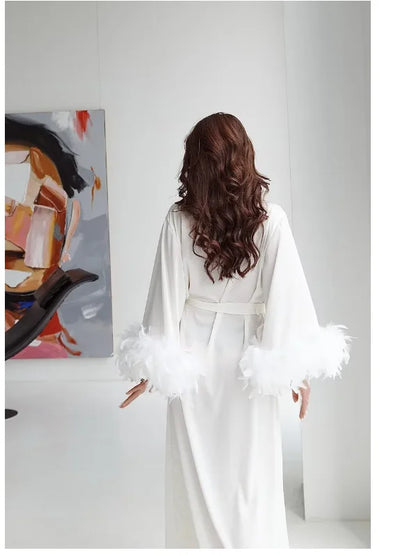 Long Silk Robe with Feathers - White