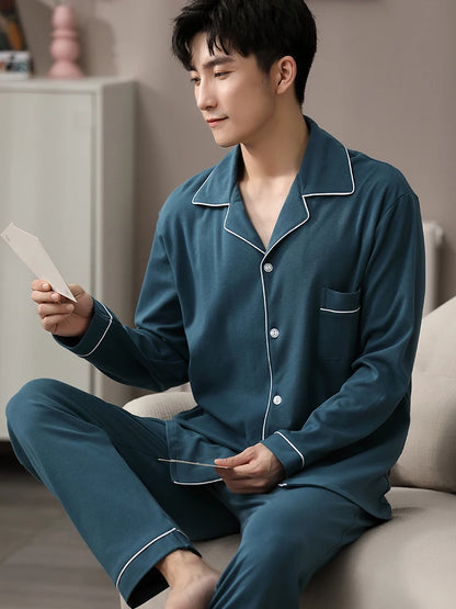 Blue Cotton Winter Pajamas for Men - Full Sleeves 2-Piece Sleepwear Set