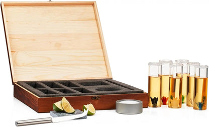 Tequila Gift Box Set – Six Agave Shot Glasses with Salt & Skull Coaster