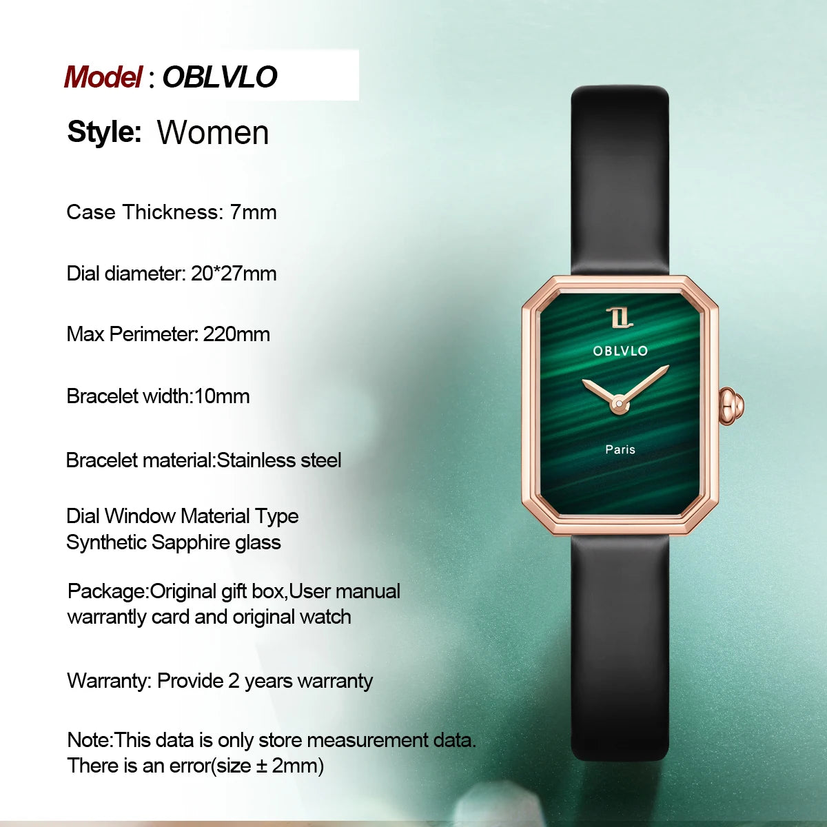 OBLVLO Women’s Quartz Watch - Rose Gold Case with Malachite Dial