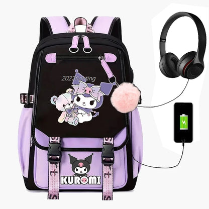 Purple Kuromi Melody School Bag | USB Laptop Backpack for Women & Men