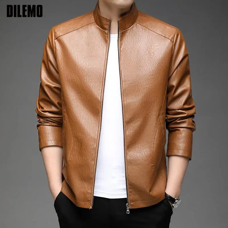 Top Grade Designer Casual Faux Leather Jacket – Brown Moto Coat for Men