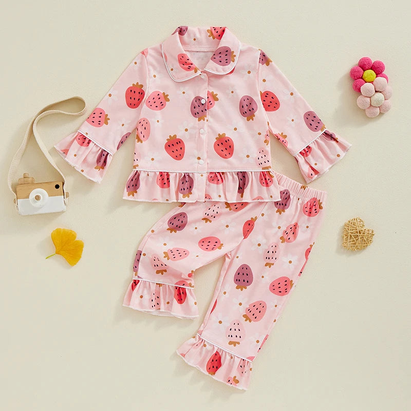 Kids Girls' Autumn Pajama Set – Flower Print Ruffle Sleeve Button