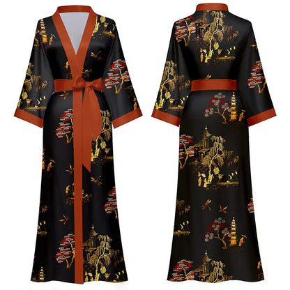 Floral Print Satin Kimono Robe for Women