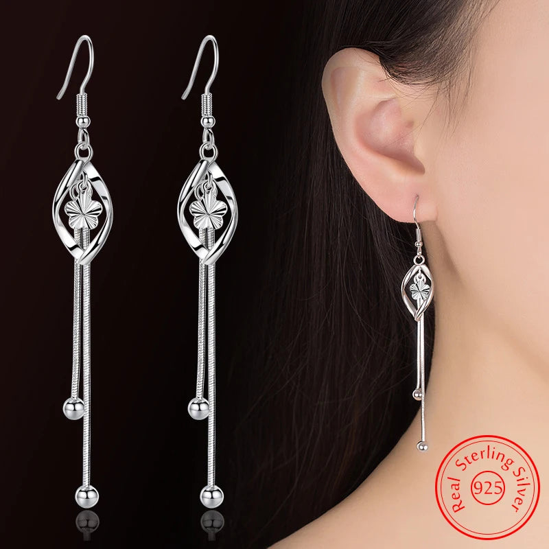 925 Sterling Silver Long Hollow Leaf Drop Earrings for Women