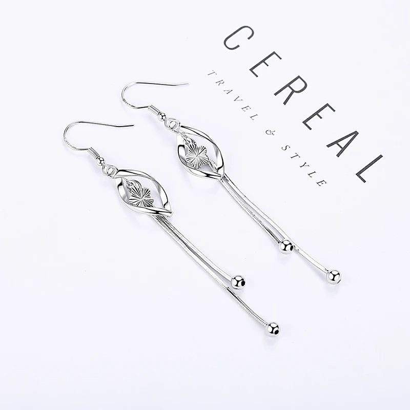 925 Sterling Silver Long Hollow Leaf Drop Earrings for Women