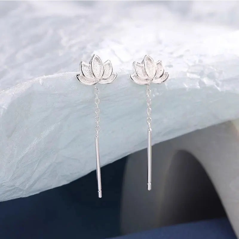 925 Sterling Silver Vintage Lotus Tassel Drop Earrings