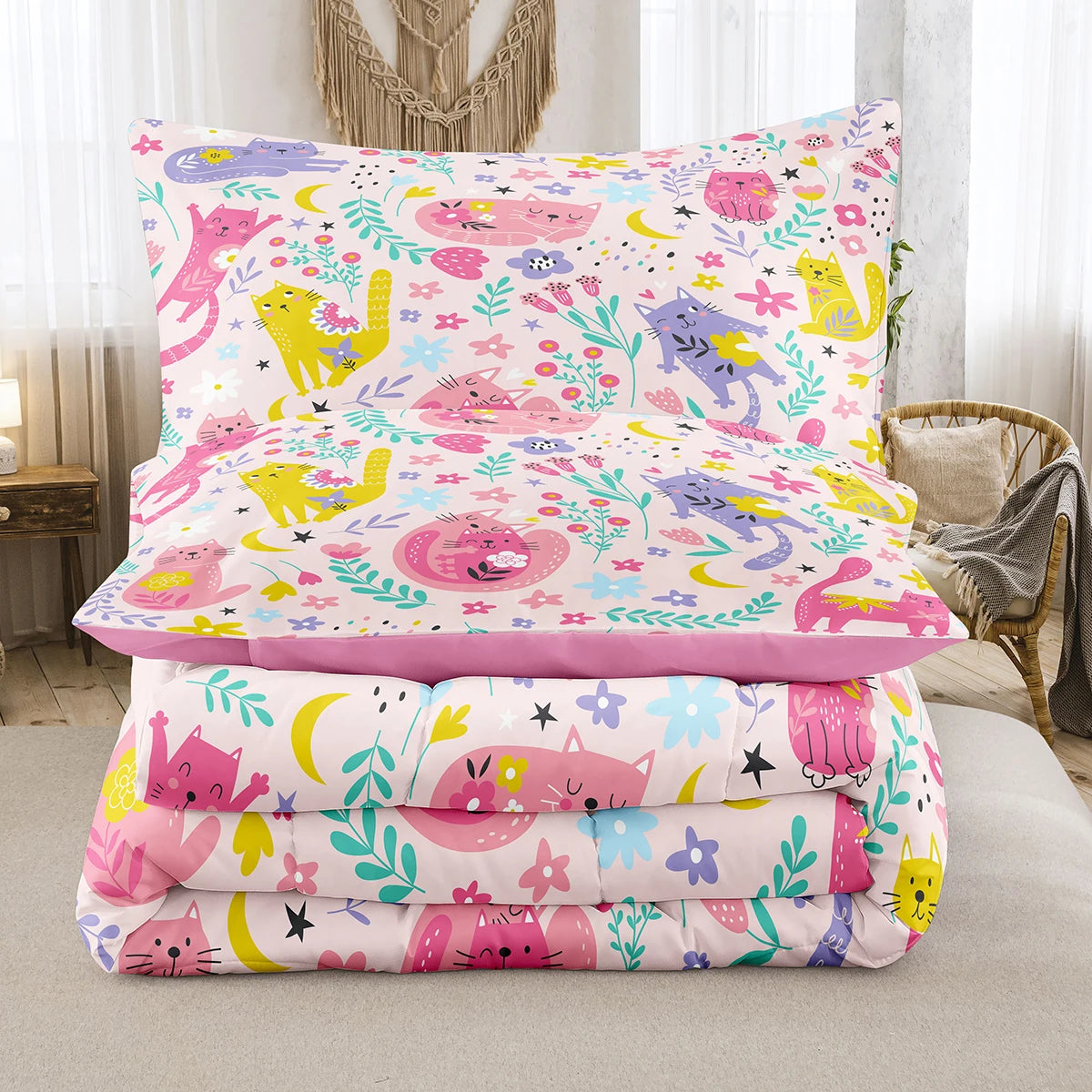 Floral Pink Cat Comforter Set for Kids & Teens | Lightweight Down Alternative