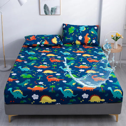 Cartoon Dinosaur Waterproof Fitted Sheet | Elastic Mattress Cover for All Seasons