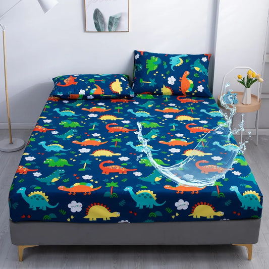 Cartoon Dinosaur Waterproof Fitted Sheet | Elastic Mattress Cover for All Seasons