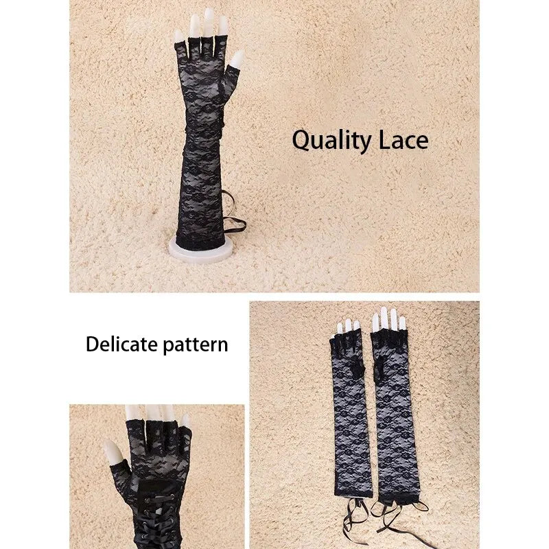 Women's Punk Half Finger Lace-Up Gloves for Halloween Party