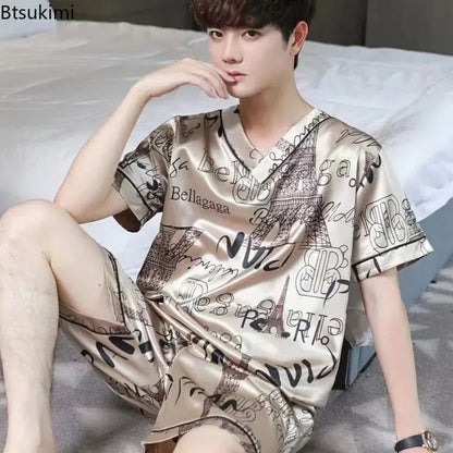 Men’s Short Sleeved Summer Pajamas - Ice Silk Sleepwear Set