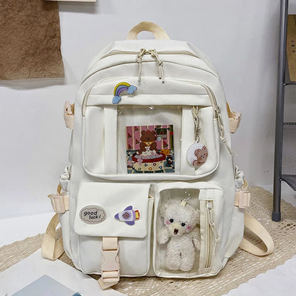 Preppy School Bag | Cute Nylon Student Backpack with Badge Pendant