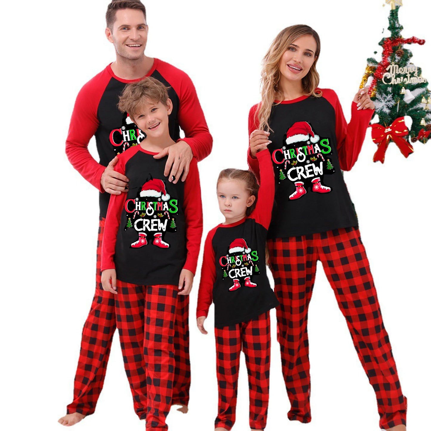 Family Matching Christmas Pajamas Set – Letter, Hat & Plaid Print PJs