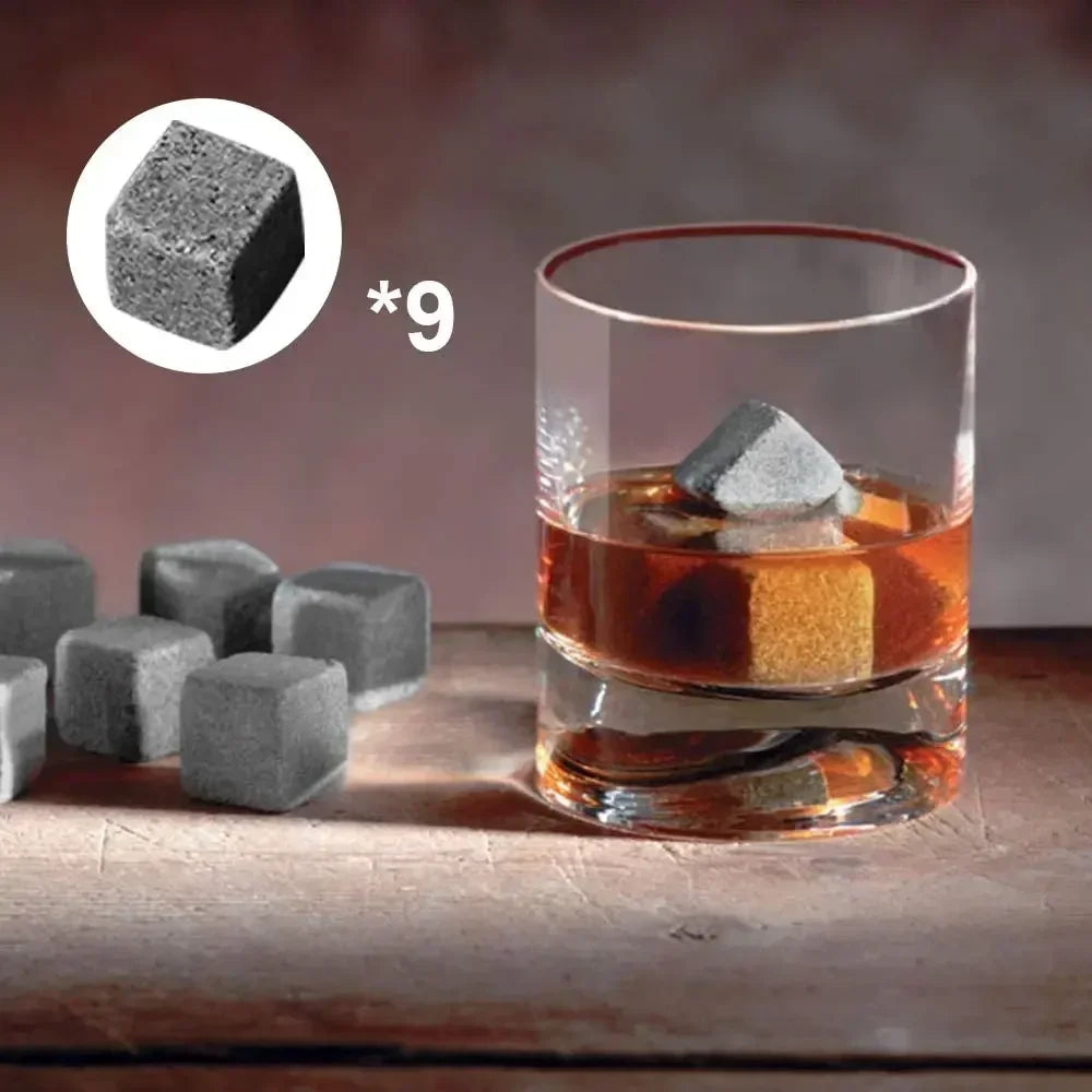 9-Piece Cube Chilling Stones Set – Reusable Whiskey Stones with Tongs & Stopper