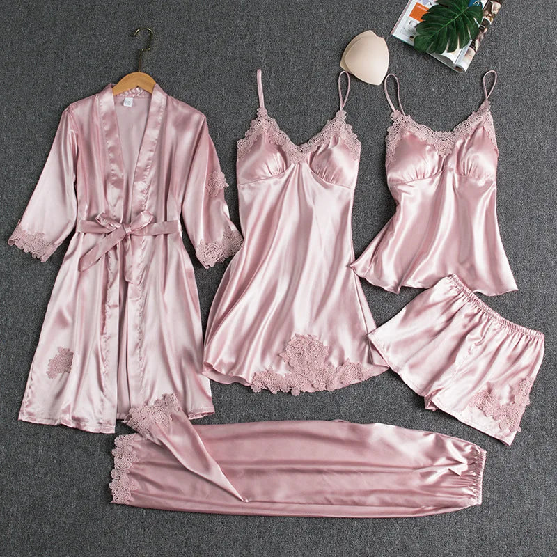 5 pcs Silk Robe Sleep Suit – Women's Lace Satin Pajamas Set