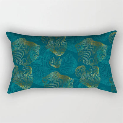 Teal Blue Geometric Feather Leaves Flower Ink Cushion Cover