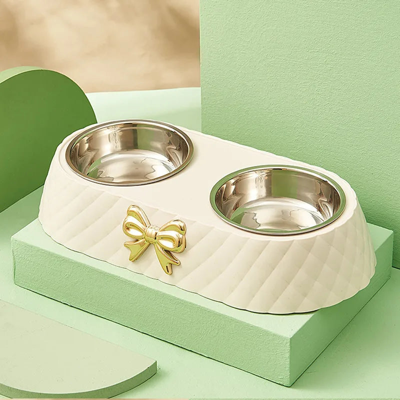 Double Stainless Steel Pet Bowl with Bow-Tie Design