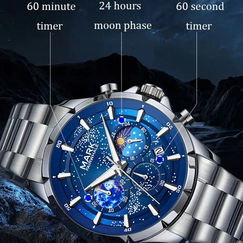 FAIRWHALE Men's Moon Phase Quartz Watch: Stainless Steel Business Timepiece