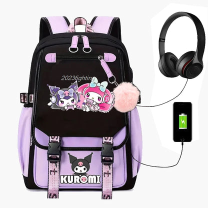 Purple Kuromi Melody School Bag | USB Laptop Backpack for Women & Men