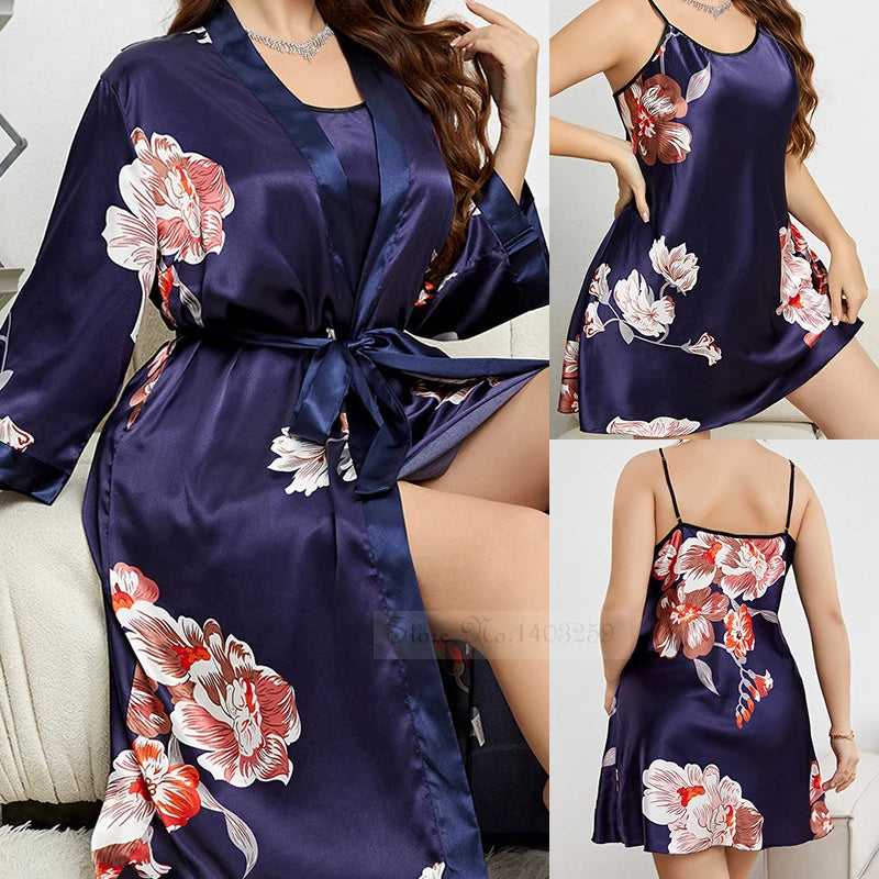 Plus Size Floral Kimono Robe Set