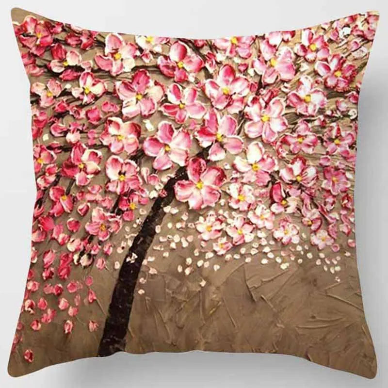 Peach Skin Velvet Oil Painting Tree Flower Pattern Pillow Protector 45x45cm