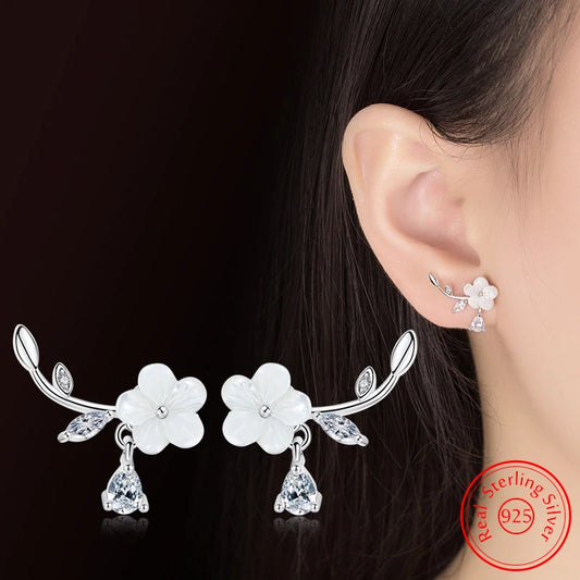 925 Sterling Silver Crystal Leaf Shell Stud Earrings