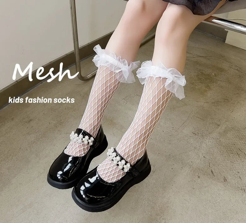 Girls Bow Fishnet Stitch Cute Knee High Long Socks Series 2