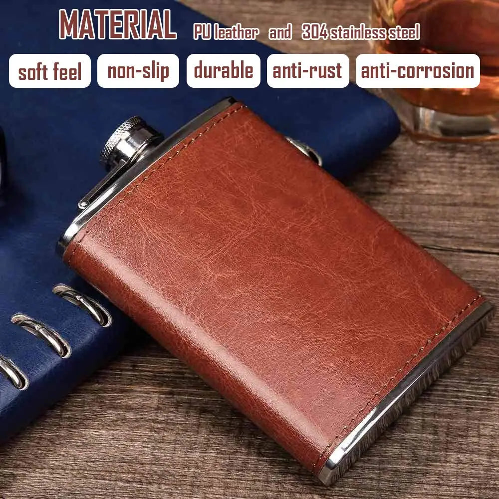 Luxury Brown Leather Pocket Hip Flask – 6/7/8 oz Stainless Steel Whiskey Flask