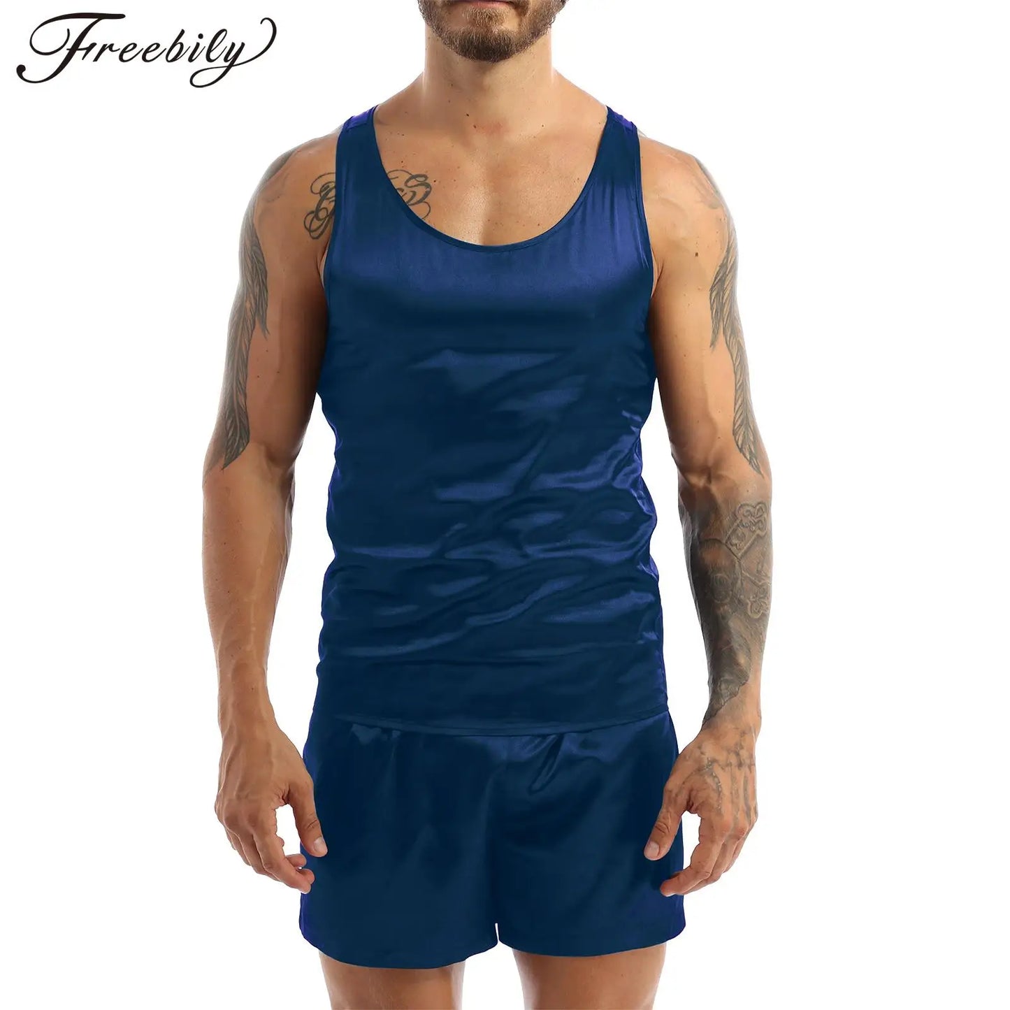 Men's Summer Satin Pajamas - Sleeveless Tank & Shorts Set