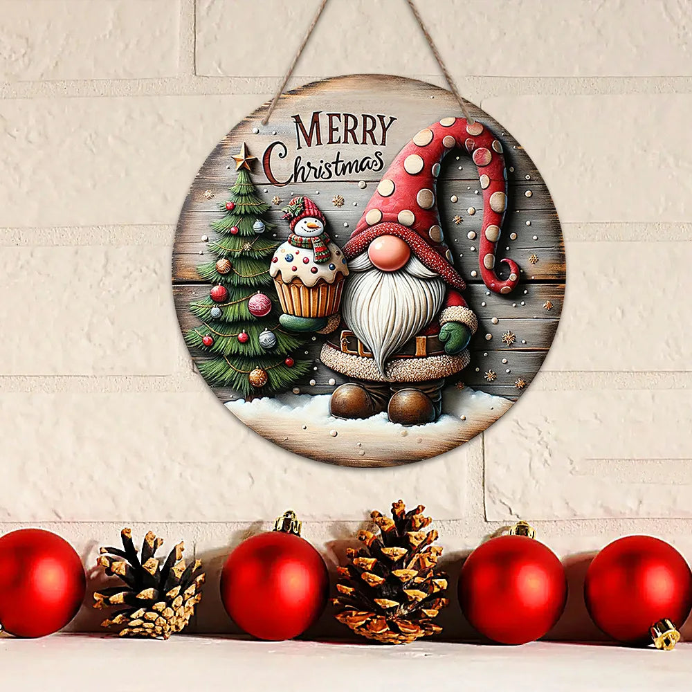 Wooden Circular Santa Claus Doorplate – Merry Christmas Sign Decor