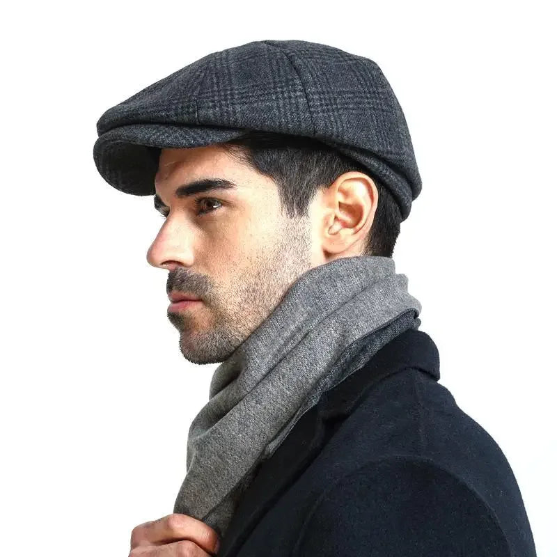 Fashion Wool Herringbone Hat – Retro British Style Flat Cap for Men and Women