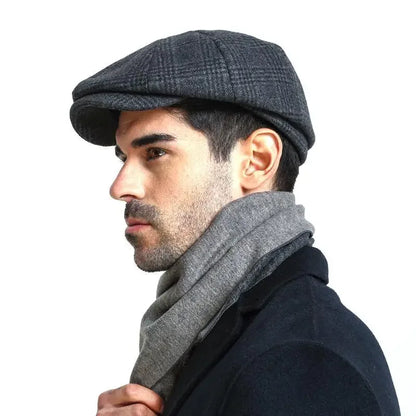 Fashion Wool Herringbone Hat – Retro British Style Flat Cap for Men and Women