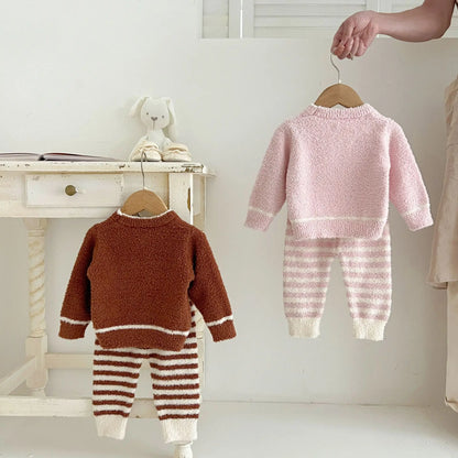 Autumn Winter Baby Girls 2-Piece Sleepwear - Velvet Tops & Striped Pants