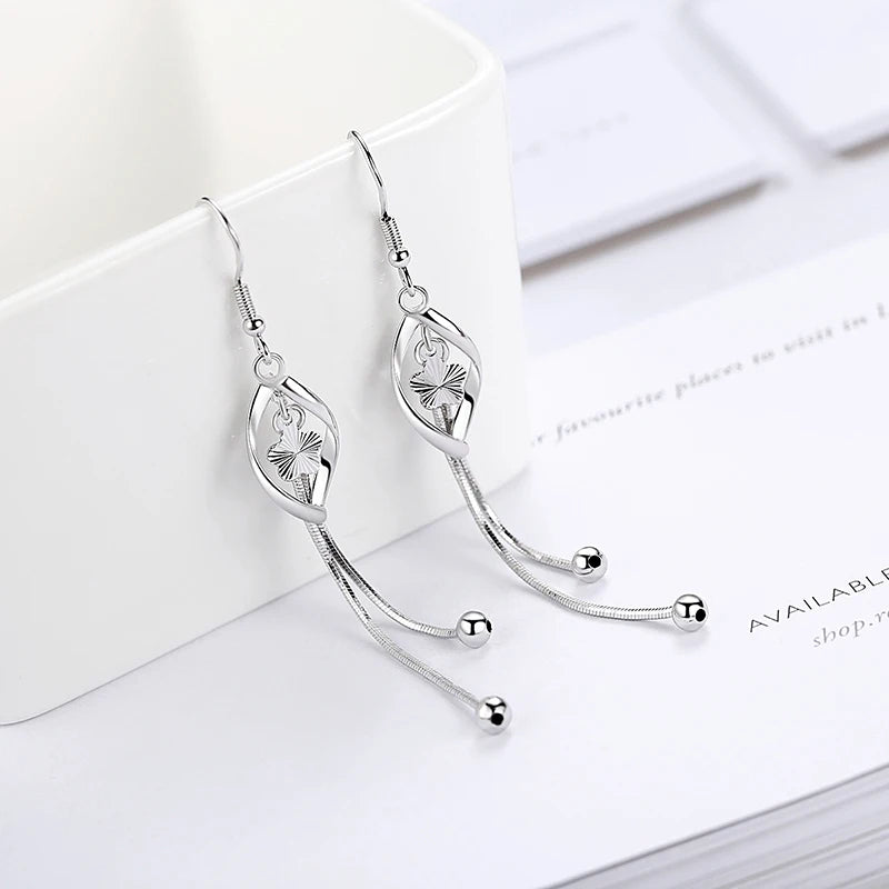 925 Sterling Silver Long Hollow Leaf Drop Earrings for Women