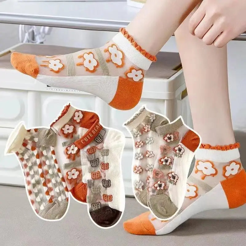 5 Pairs Thin Women Summer Cute Cartoon Socks