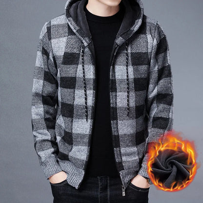 Men's Thickened Fleece Cardigan – Warm Hooded Knit Sweater