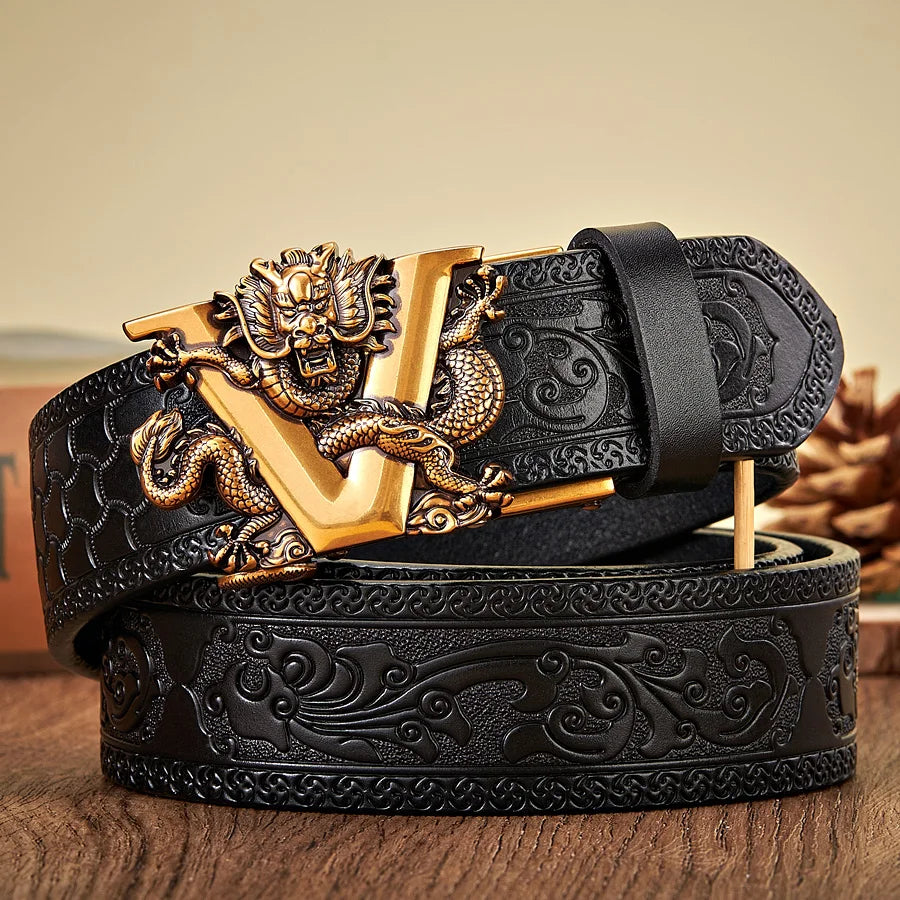 3.5CM V Buckle Cowskin Genuine Leather Belt with Quality Alloy Automatic Buckle