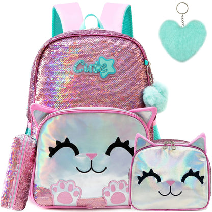 3 pcs Cute Pink Cat Backpack Set for Girls – Sequined